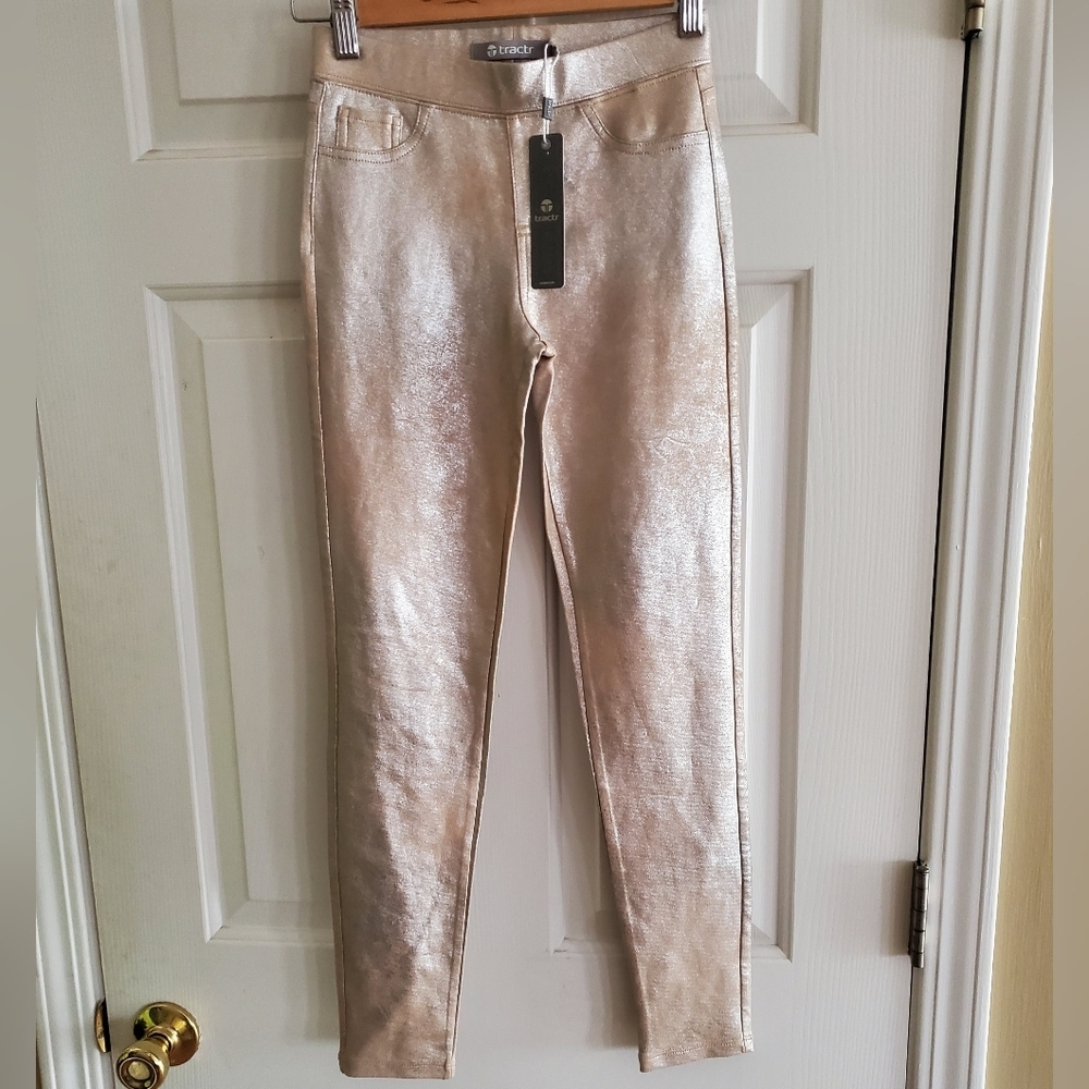 Tractr Verna Shimmer Pull on Skinny Leggings In Champagne size 12 girls